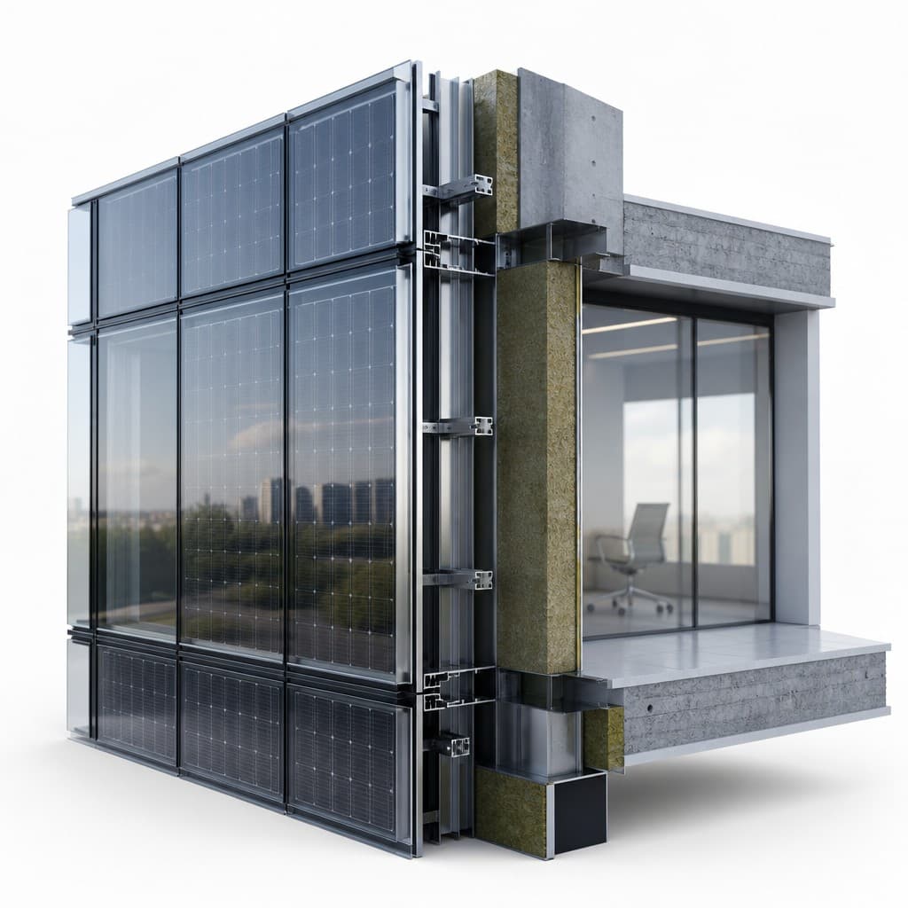 BIPV cephe kesit maketi — cam, çerçeve ve yapı katmanları