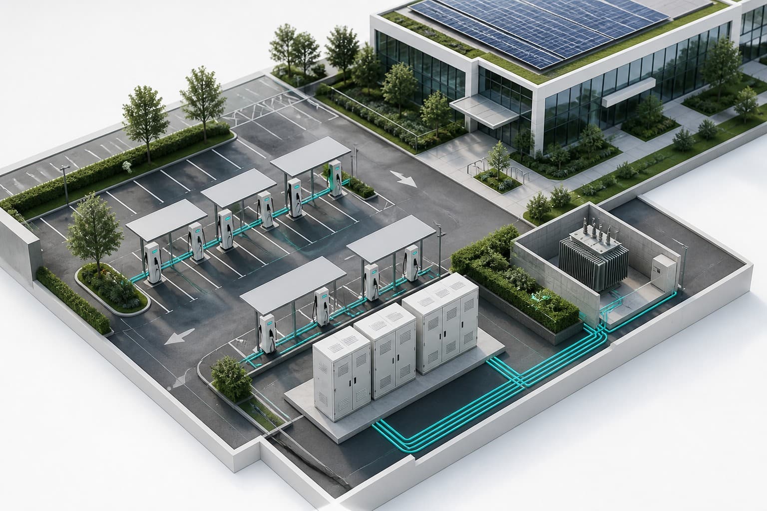 Elektrikli şarj proje maketi — otopark yerleşimi ve güç dağıtımı harita görünümü